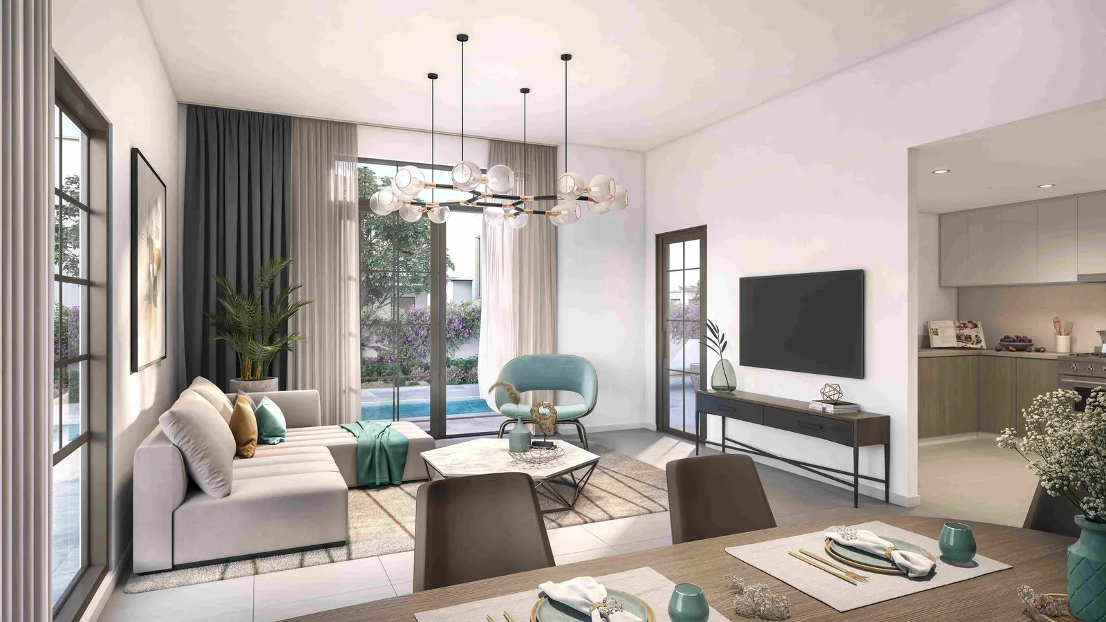 Bright and airy open-plan living room in a 3-bedroom Yas Park Views villa, Yas Island — blending Mediterranean charm with modern design.