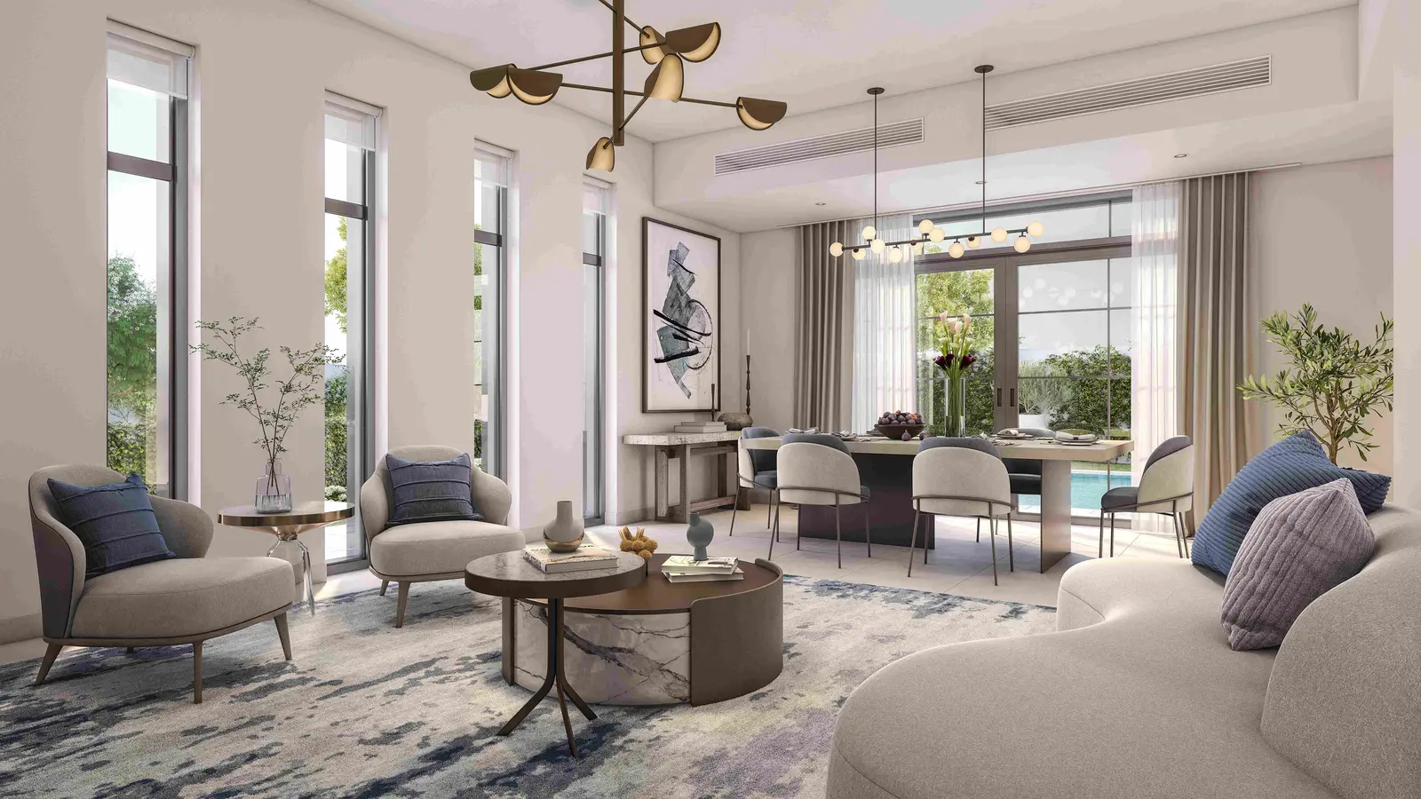 Master bedroom with full-height windows and park-facing views in Yas Park Views, offering a serene retreat on Yas Island, Abu Dhabi.
