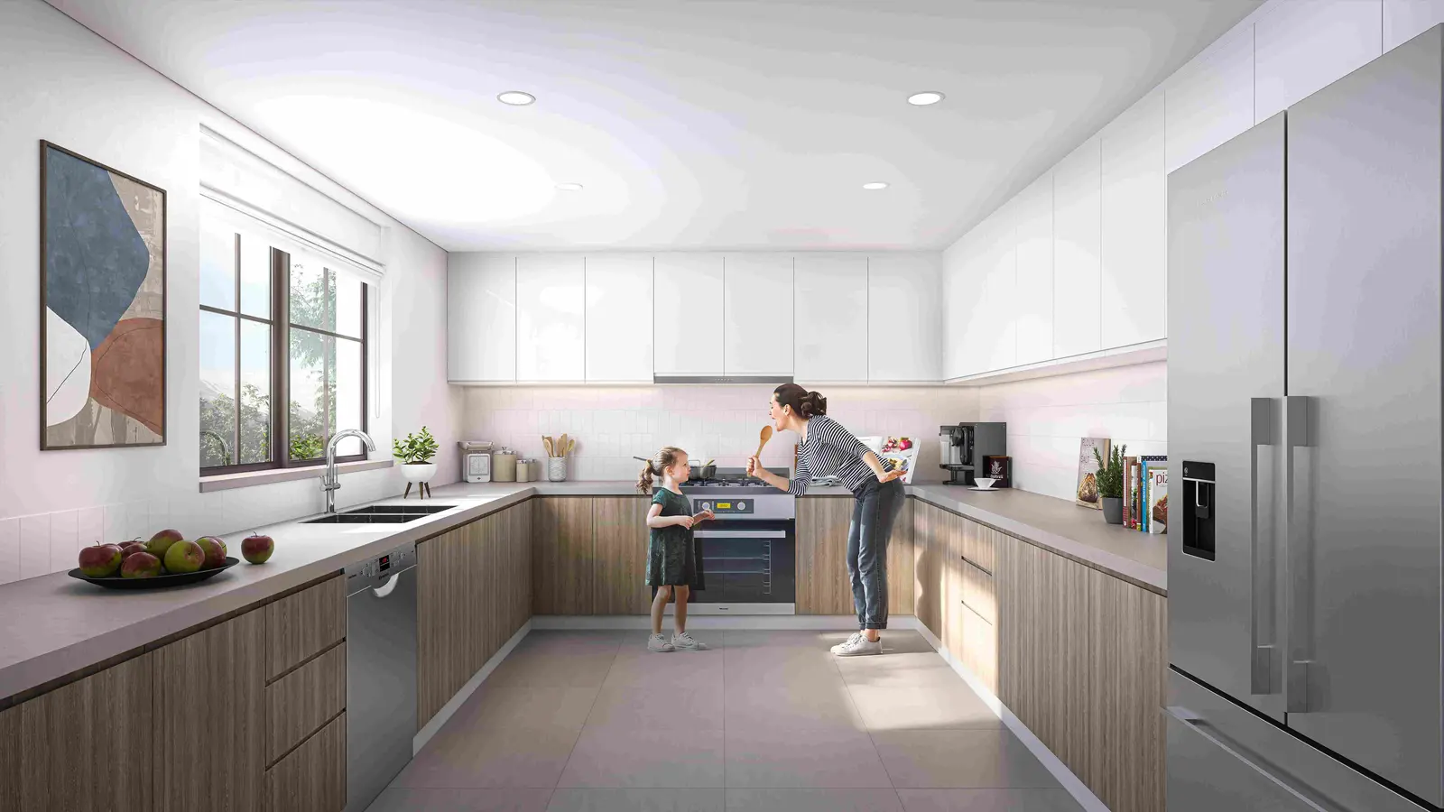 Open dining area filled with natural light and connected to the garden in Yas Park Views, enhancing indoor-outdoor living on Yas Island.