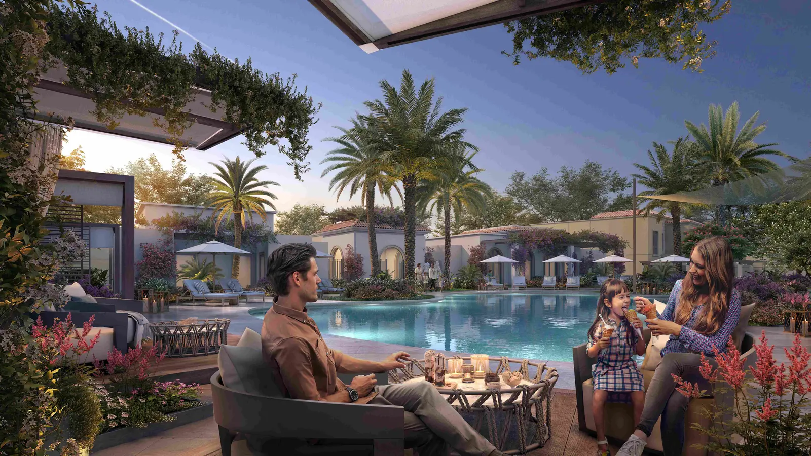 Front garden, shaded carport, and landscaped driveway of a Yas Park Views villa in Abu Dhabi’s prestigious Yas Island.