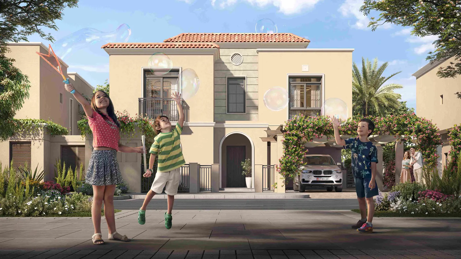 A row of elegant villas on a tree-lined street in Yas Park Views, offering a peaceful neighborhood ambiance in Yas Island.