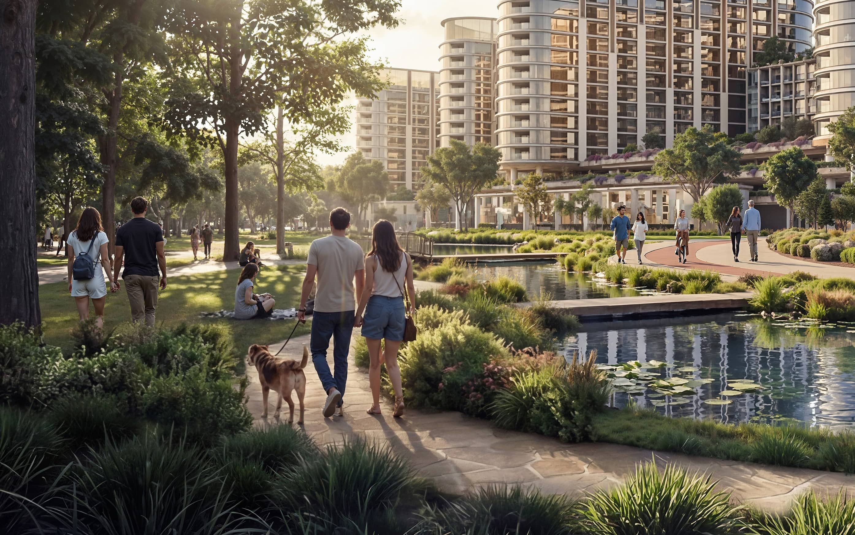 Promenade‑facing building exterior at Sobha City Abu Dhabi Phase 1 with waterfront views and upscale architecture