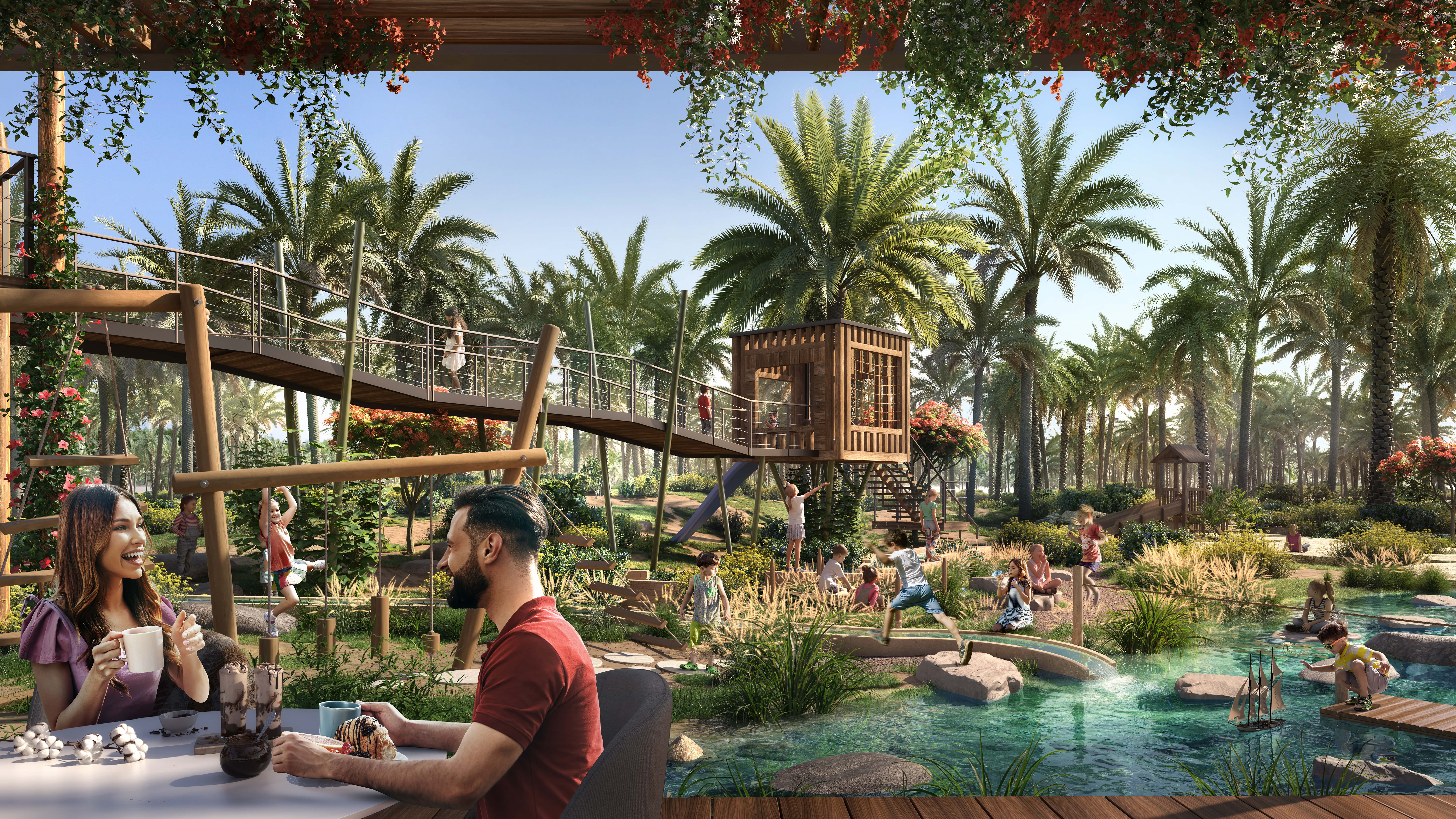 Community lifestyle at Yas Park Gate Yas Island Abu Dhabi featuring modern amenities, lush greenery, and Mediterranean-inspired residential villas and townhouses.