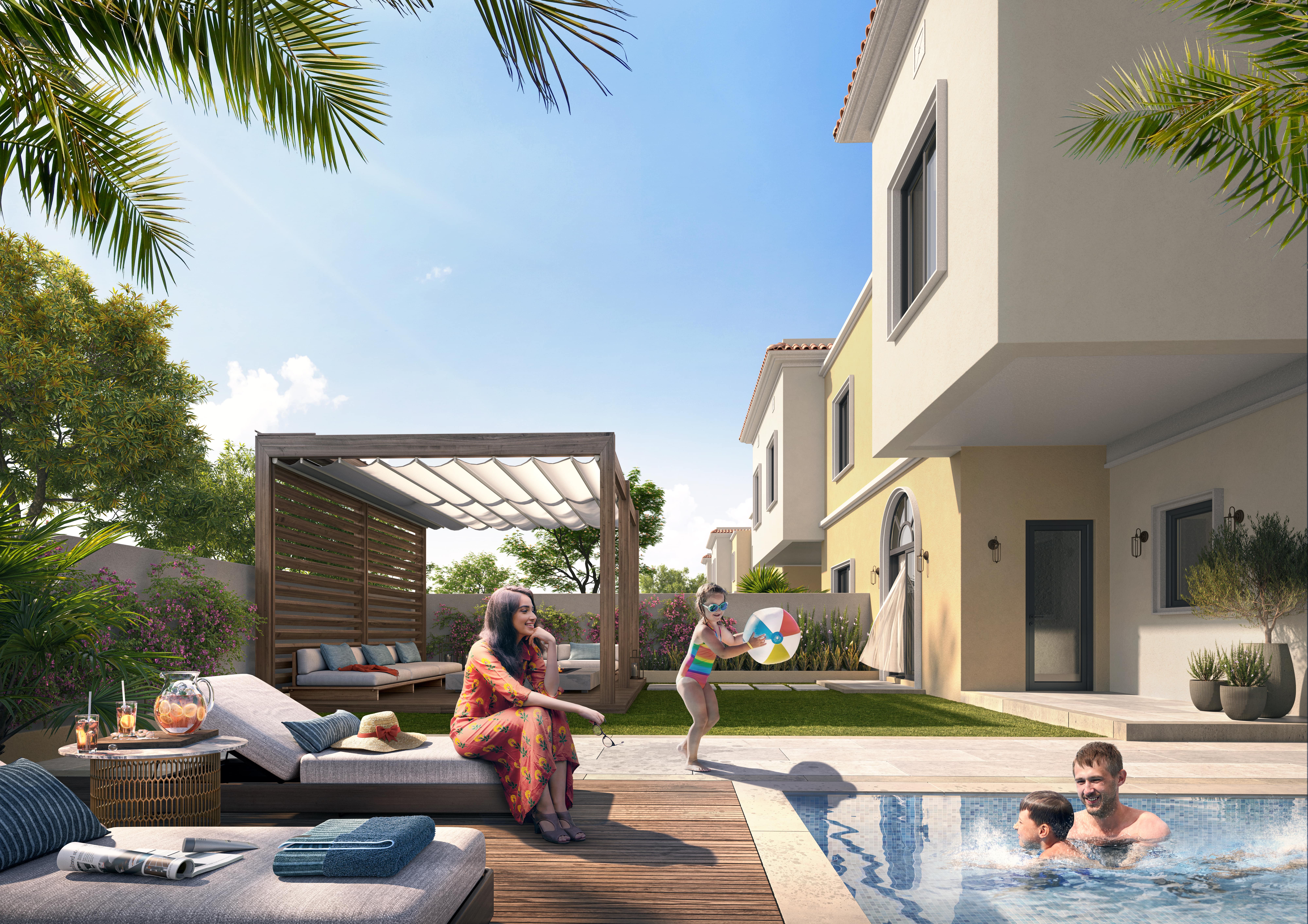 Yas Park Gate Abu Dhabi villas and townhouses with Mediterranean architecture, landscaped exteriors, and family-friendly designs by Aldar