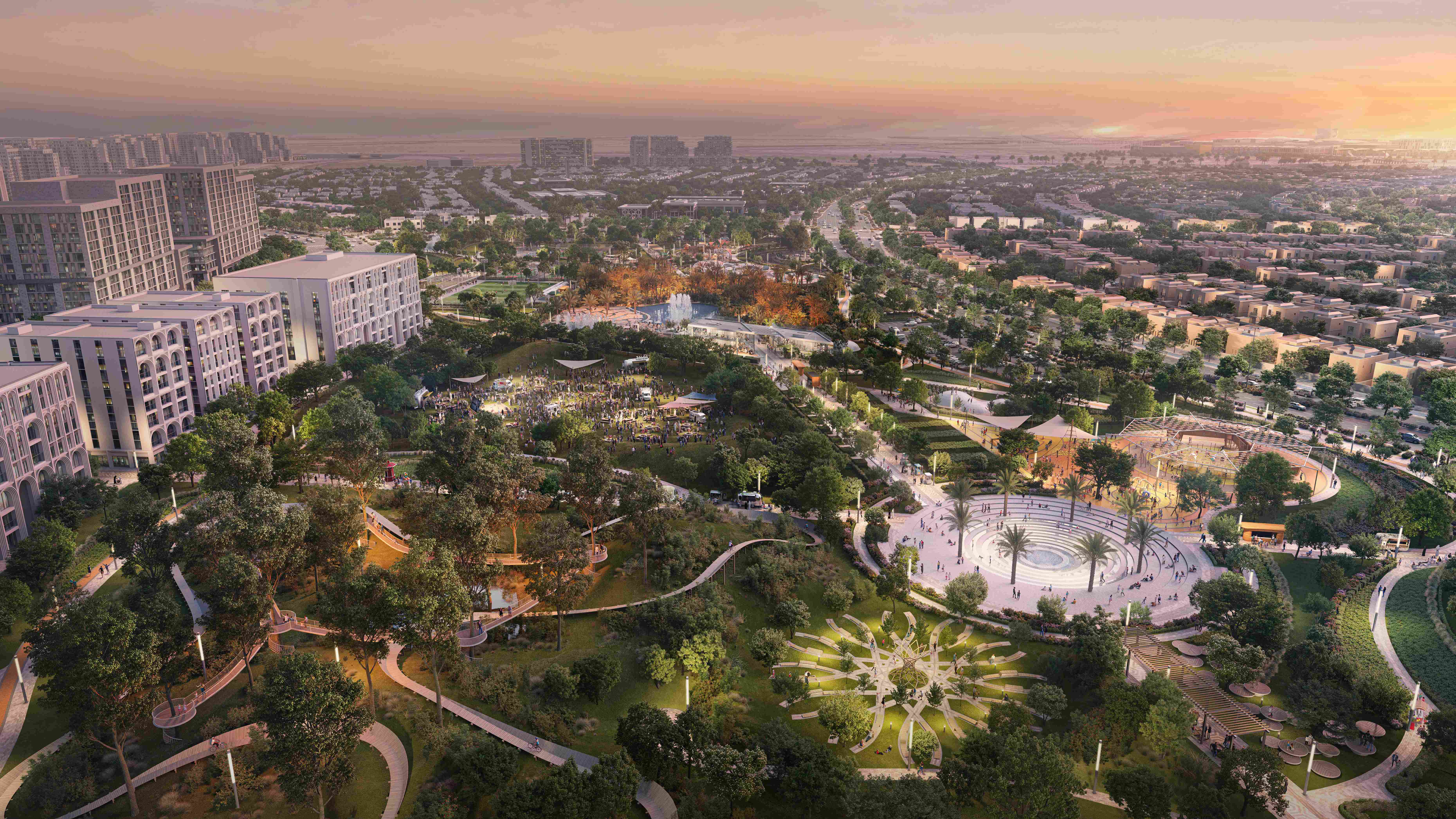 Children playing in vibrant playgrounds at Yas Park Views, Yas Island Abu Dhabi, a safe family-friendly residential destination.