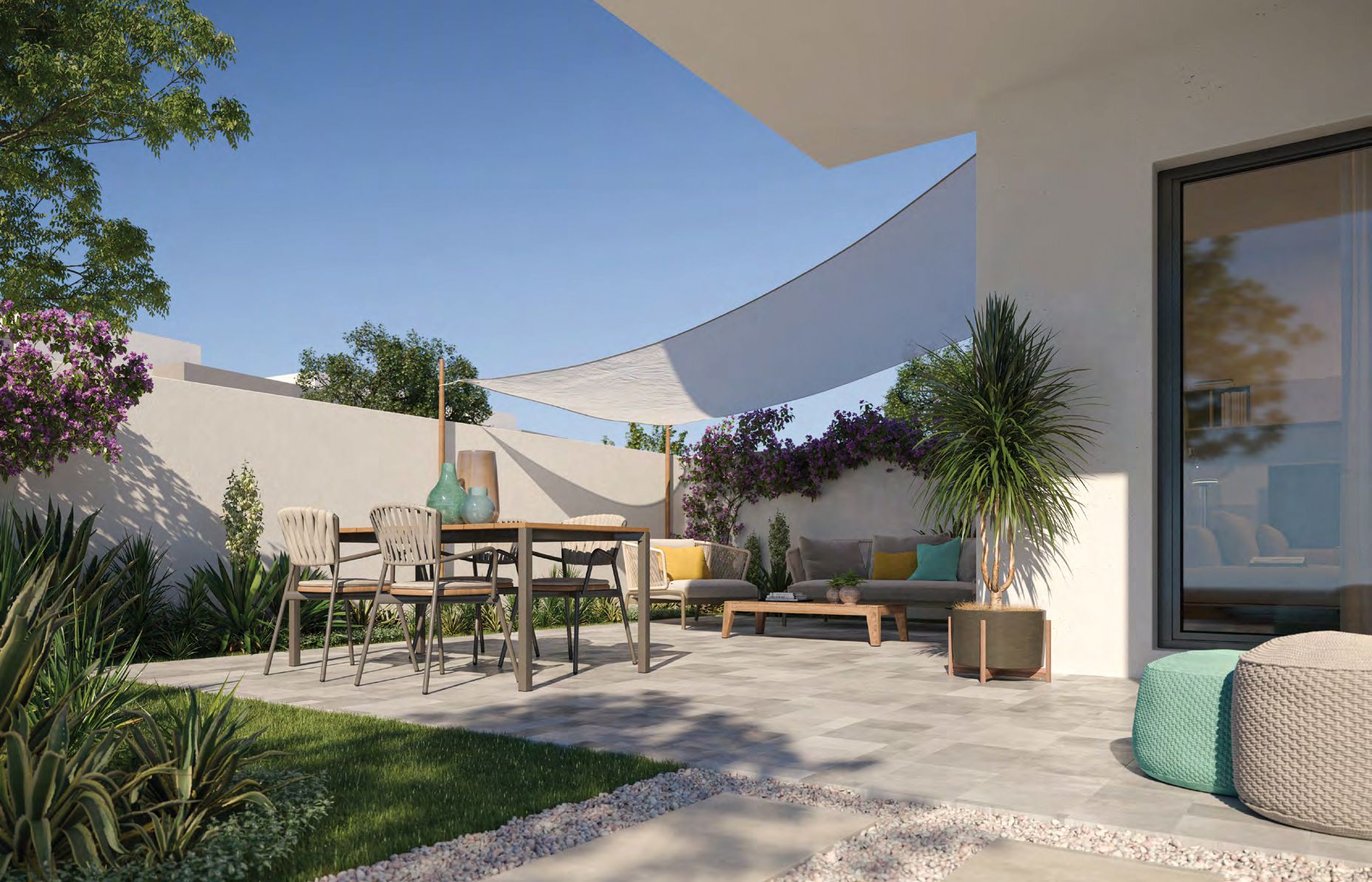 Noya Yas Island streetscape with villas and landscaped entrance, peaceful residential exteriors