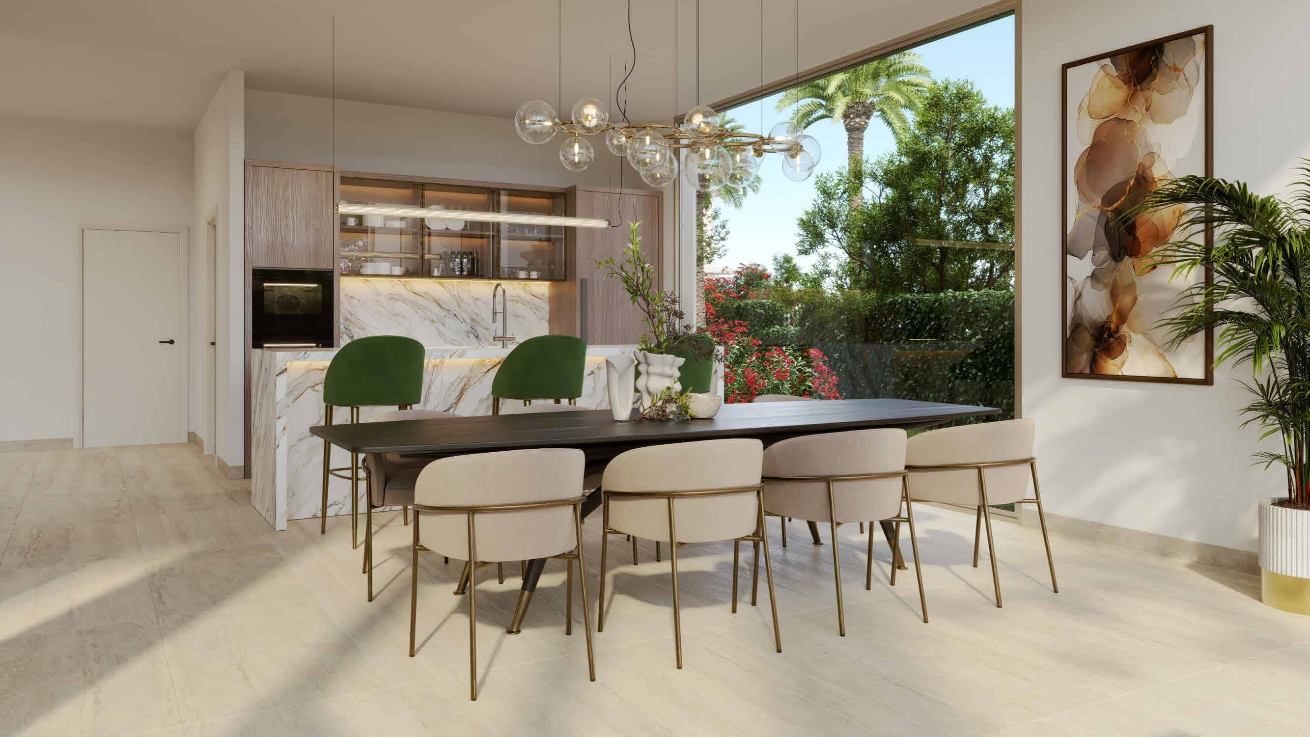 Stylish kitchen and dining area at Manchester City Yas Residences on Yas Island, Abu Dhabi with contemporary design.