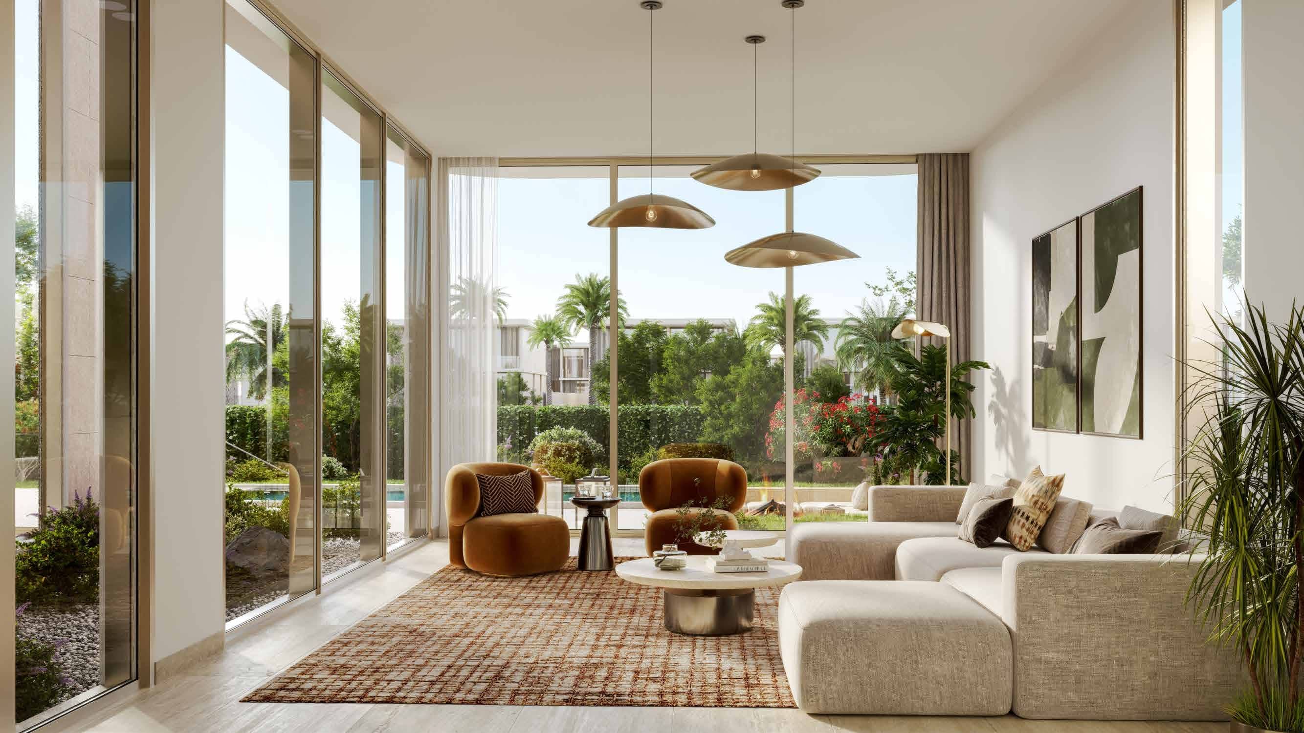 Bright open-plan living space at Manchester City Yas Residences on Yas Island, Abu Dhabi with sophisticated modern interiors.