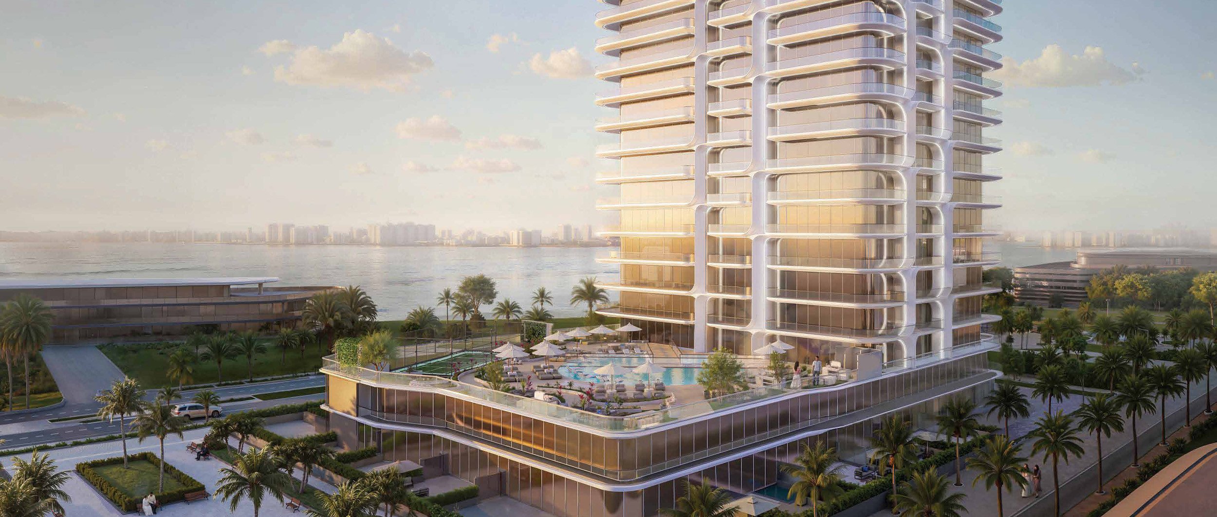 Front view of Stellar by Elie Saab Yas Island residential building highlighting sculpted architecture.